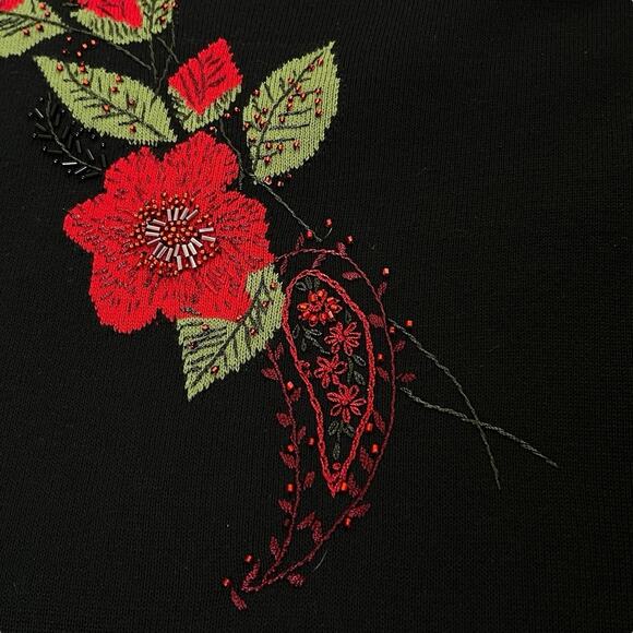 Vintage Emma James Knit Sweater Black Size Large Embellished Beaded Red Flowers - Picture 6 of 9